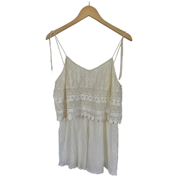TopShop Boho Crochet Overlay Romper Cream Crinkly Gauze Spaghetti Straps Size 12 - Picture 10 of 16